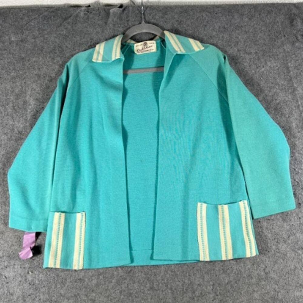 VTG 90s Cadillac Wool Open Front Cardigan Womens L Teal Striped Contrast Grandma
